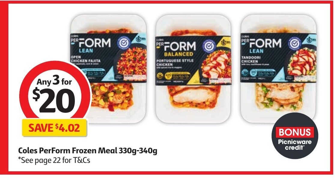 Coles Perform Frozen Meal 330g 340g offer at Coles