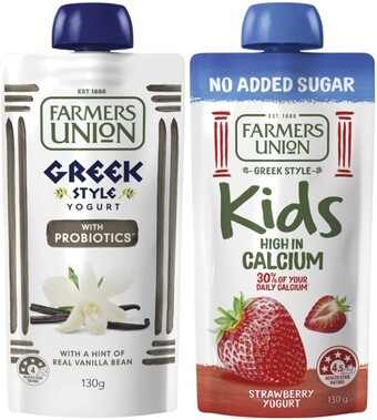 Coles Farmers union greek style yogurt pouch or no added sugar kids yogurt pouch 130g offer