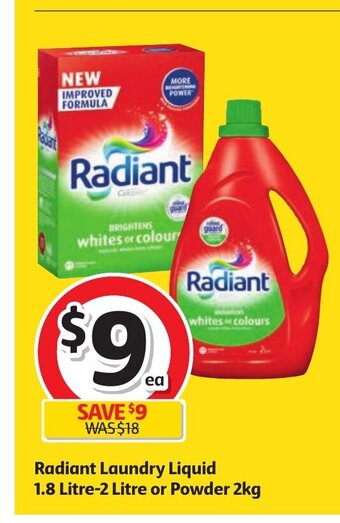 Coles Radiant Laundry Liquid 1.8 Litre - 2 Litre or Powder 2kg offer