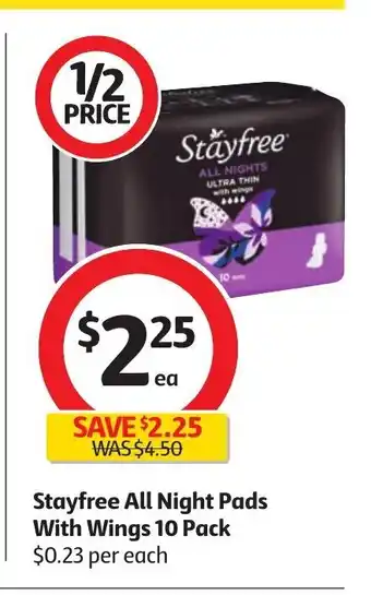 Coles Stayfree All Night Pads with Wings 10 Pack offer