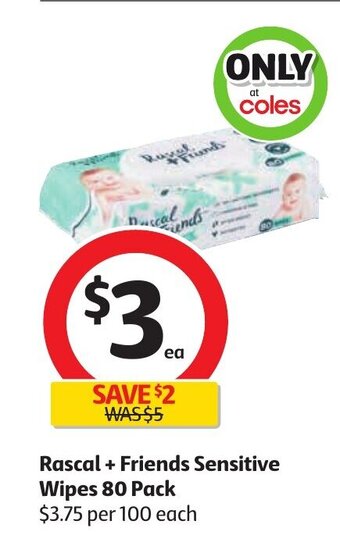 Coles Rascal + Friends Sensitive Wipes 80 pack offer