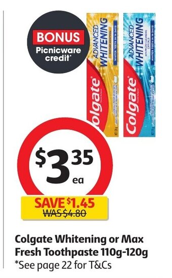 Coles Colgate Whitening or Max Fresh Toothpaste 110g-120g offer