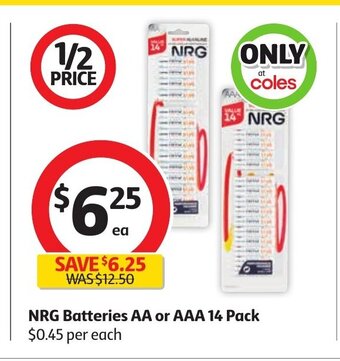 Coles NRG Batteries AA or AAA 14 Pack offer