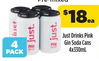 Coles Just Drinks Pink Gin Soda Cans 4x330mL offer