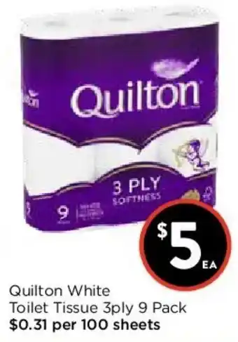 Foodworks Quilton White Toilet Tissue 3ply 9 Pack offer