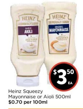 Foodworks Heinz Squeezy Mayonnaise or Aioli 500ml offer