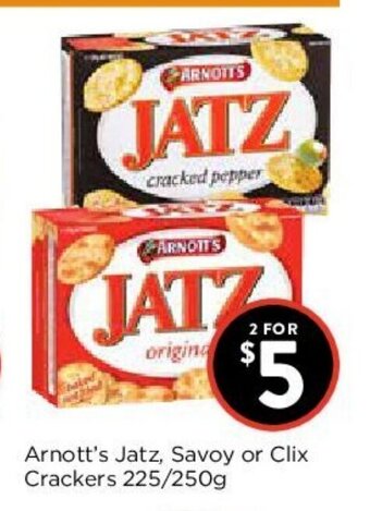 Foodworks Arnott's Jatz, Savoy or Clix Crackers 225/250g offer