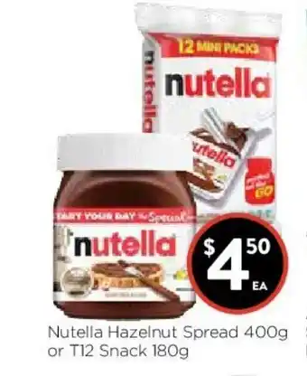 Foodworks Nutella Hazelnut Spread 400g or T12 Snack 180g offer