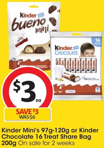 Coles Kinder Mini's 97g-120g or Kinder Chocolate 16 Treat Share Bag 200g offer