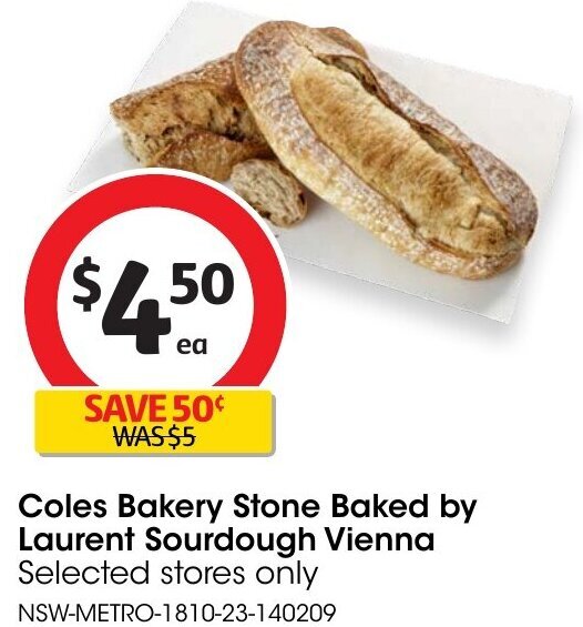Coles Bakery Stone Baked by Laurent Sourdough Vienna offer at Coles