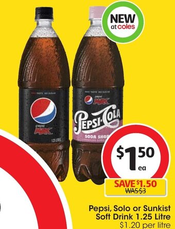 Coles Pepsi, Solo or Sunkist Soft Drink 1.25 Litre offer