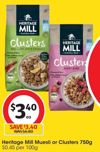 Coles Heritage Mill Muesli or Clusters 750g offer