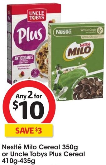 Coles Nestlé Milo Cereal 350g or Uncle Tobys Plus Cereal 410g-435g offer