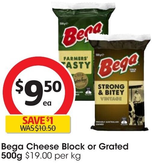 Bega Cheese Block or Grated 500g offer at Coles