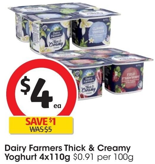 Dairy Farmers Thick & Creamy Yoghurt 4x110g offer at Coles