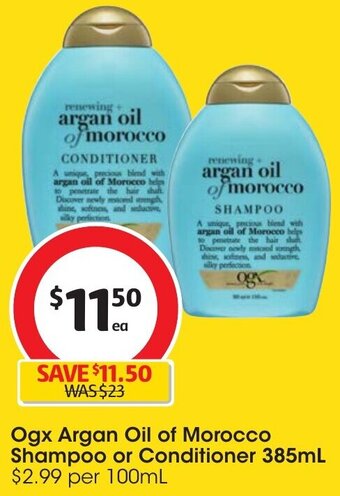 Coles Ogx Argan Oil of Morocco Shampoo or Conditioner 385mL offer