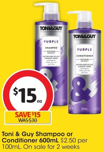 Coles Toni & Guy Shampoo or Conditioner 600mL offer