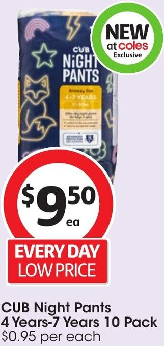 Coles CUB Night Pants 4 Years-7 Years 10 Pack offer