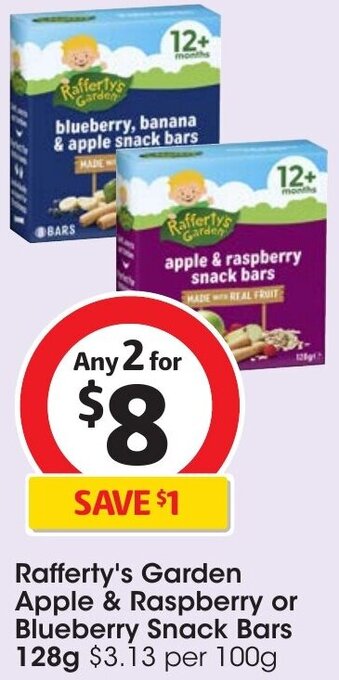Coles Rafferty's Garden Apple & Raspberry or Blueberry Snack Bars 128g offer