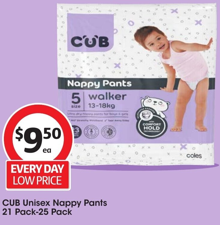 CUB Unisex Nappy Pants 21 Pack25 Pack offer at Coles