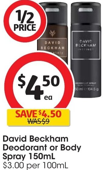 Coles David Beckham Deodorant or Body Spray 150mL offer