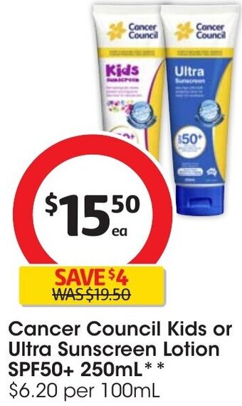 Coles Cancer Council Kids or Ultra Sunscreen Lotion SPF50+ 250mL offer