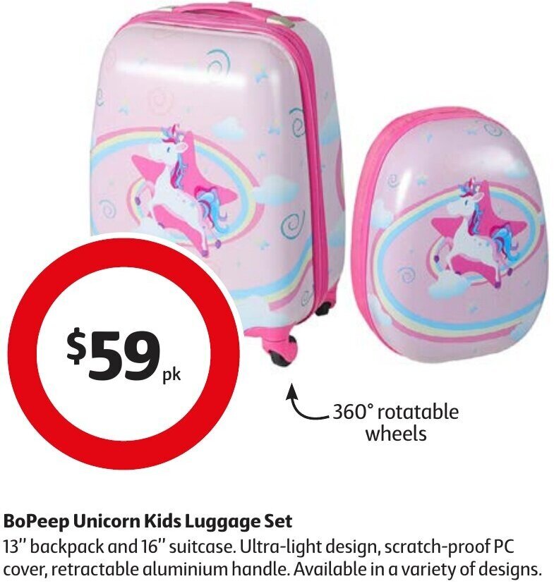 BoPeep Unicorn Kids Luggage Set offer at Coles