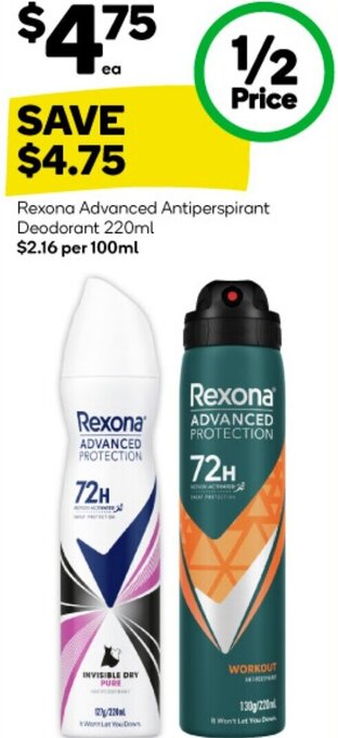 Woolworths Rexona Advanced Antiperspirant Deodorant 220ml offer