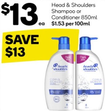 Woolworths Head & Shoulders Shampoo or Conditioner 850ml offer
