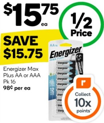 Woolworths Energizer Max Plus AA or AAA Pk 16 offer