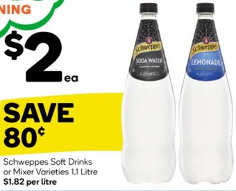 Woolworths Schweppes Soft Drinks or Mixer Varieties 1.1 Litre offer