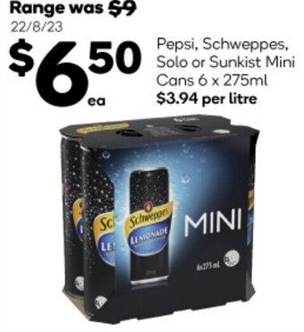 Woolworths Pepsi, Schweppes, Solo or Sunkist Mini Cans 6 x 275ml offer