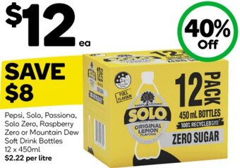 Woolworths Pepsi, Solo, Passiona, Solo Zero, Raspberry Zero or Mountain Dew Soft Drink Bottles 12 x 450ml offer