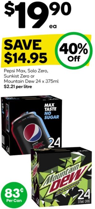 Woolworths Pepsi Max, Solo Zero, Sunkist Zero or Mountain Dew 24 x 375ml offer