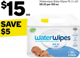 Woolworths Waterwipes Baby Wipes Pk 3 x 60 offer