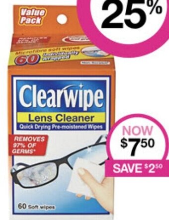 Priceline Clearwipe Lens Cleaner Quick Drying Pre-moistened Wipes offer