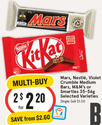 IGA Mars, Nestlé, Violet Crumble Medium Bars, M&M's or Smarties 35-56g offer