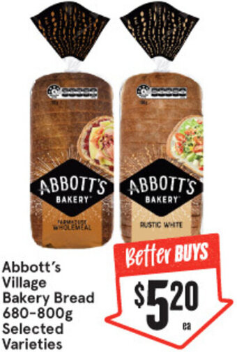 IGA Abbott's Village Bakery Bread 680-800g offer
