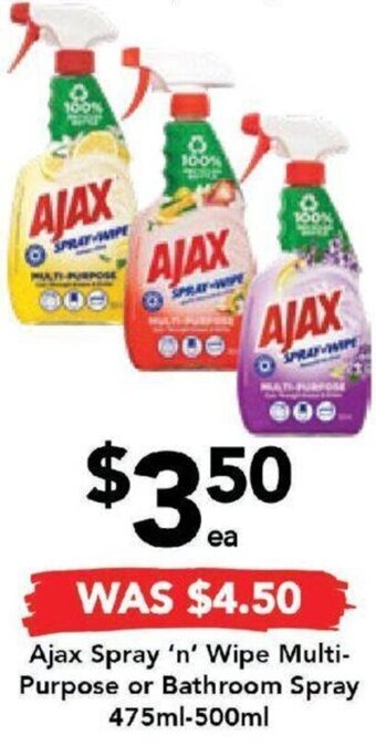 Drakes Ajax Spray 'n' Wipe Multi-Purpose or Bathroom Spray 475ml-500ml offer
