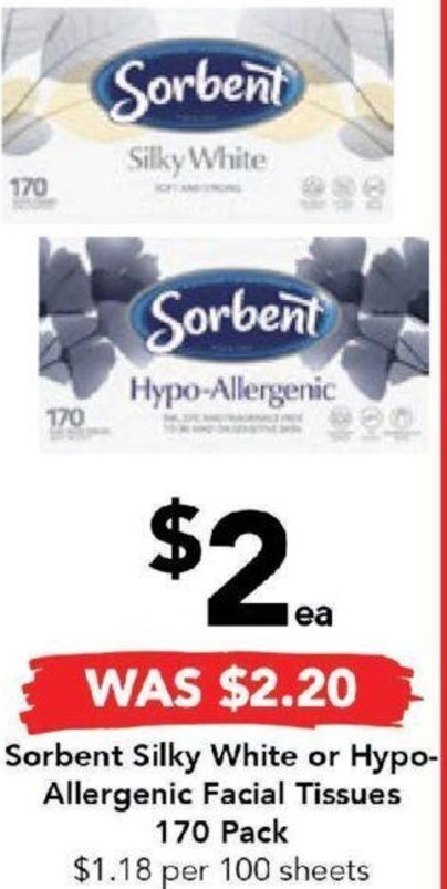 Drakes Sorbent Silky White or Hypo-Allergenic Facial Tissues 170 Pack offer