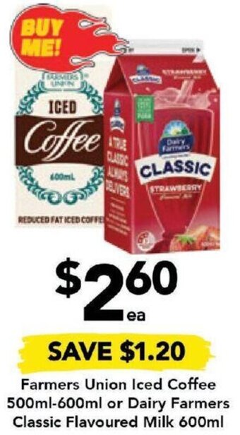 Drakes Farmers Union Iced Coffee 500ml-600ml or Dairy Farmers Classic Flavoured Milk 600ml offer