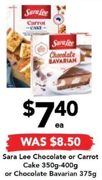 Drakes Sara Lee Chocolate or Carrot Cake 350g-400g or Chocolate Bavarian 375g offer