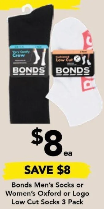 Bonds Men's Socks or Women's Oxford or Logo Low Cut Socks 3 Pack