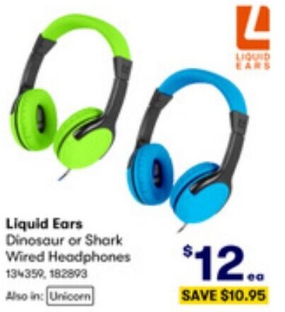 BIG W Liquid Ears Dinosaur or Shark Wired Headphones offer