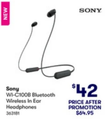 BIG W Sony WI-C100B Bluetooth Wireless In Ear Headphones offer