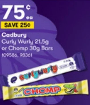 Cadbury Curly Wurly 21.5g or Chomp 30g Bars