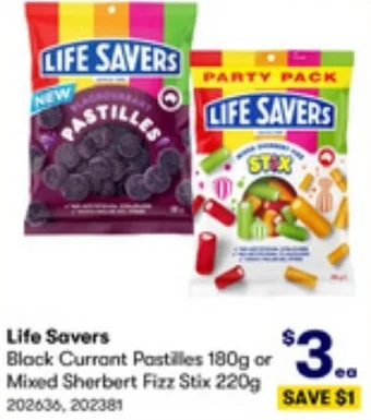 BIG W Life Savers Black Currant Pastilles 180g or Mixed Sherbert Fizz Stix 220g offer