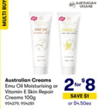 BIG W Australian Creams Emu Oil Moisturising or Vitamin E Skin Repair Creams 100g offer