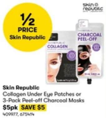 BIG W Skin Republic Collagen Under Eye Patches or 3-Pack Peel-off Charcoal Masks offer