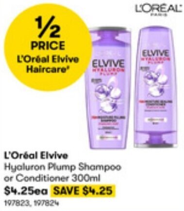 BIG W L'Oréal Elvive Hyaluron Plump Shampoo or Conditioner 300ml offer